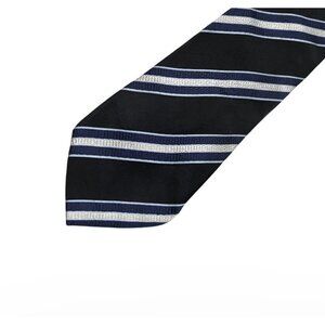 Mens Silk Neck Tie Countless Mara Navy Blue Silver Stripe